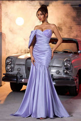 Luxury Lavender Sweetheart One Shoulder Satin Evening Dresses Column Beads With Pleats