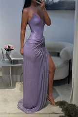 Romantic Lilac V-Neck Strapless Sleeveless Evening Dresses Mermaid High Split With Lace-Up Back