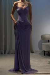 Romantic Lilac V-Neck Strapless Sleeveless Evening Dresses Mermaid High Split With Lace-Up Back