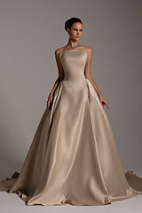 Luxury Strapless Sleeveless Satin A-Line Evening Dresses Long With Zipper Pleats