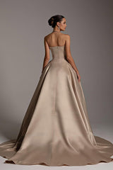 Luxury Strapless Sleeveless Satin A-Line Evening Dresses Long With Zipper Pleats