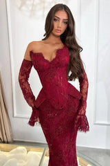 Romantic Burgundy Strapless V-Neck Lace Evening Dresses Mermaid Sheath With Gloves