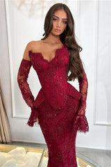 Romantic Burgundy Strapless V-Neck Lace Evening Dresses Mermaid Sheath With Gloves
