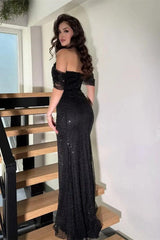 Romantic Black Off-The-Shoulder Sequins Evening Dresses Mermaid Column With Zipper