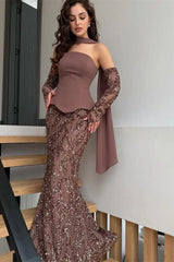 Glamorous Chocolate Strapless Sequins Mermaid Evening Dresses Sheath With Zipper Gloves