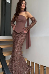 Glamorous Chocolate Strapless Sequins Mermaid Evening Dresses Sheath With Zipper Gloves