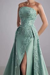 Romantic Tiffany Strapless Sleeveless A-Line Evening Dresses High Split Appliques With Zipper