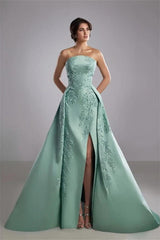 Romantic Tiffany Strapless Sleeveless A-Line Evening Dresses High Split Appliques With Zipper
