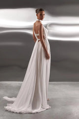 Dreamy White Spaghetti-Straps V-Neck Chiffon Evening Dresses Backless With Pleats