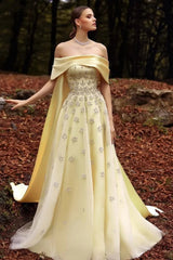 Luxury Daffodil Off-The-Shoulder A-Line Evening Dresses Beads With Ruffle Zipper