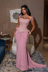Romantic Vintage Mauve Off-The-Shoulder Chiffon Lace Evening Dresses Two Pieces With Gem