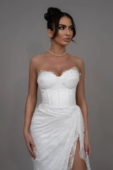 Pretty White Sweetheart Strapless Sleeveless Lace Evening Dresses Mermaid With High Split