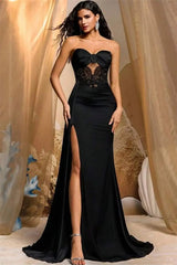 Classy Black Sweetheart Strapless Sleeveless Satin Mermaid Evening Dresses Lace High Split With Flower