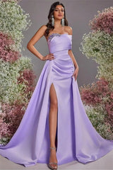 Beautiful Purple Strapless Sleeveless Satin Evening Dresses A-Line High Split With Gem
