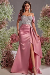 Modern Dusty Rose Sweetheart Off-The-Shoulder Satin Evening Dresses Mermaid High Split With Ruffle Beads