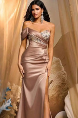 Classy Sweetheart One shoulder Satin Mermaid Evening Dresses Sheath High Split With Pleats