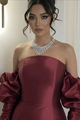 Gorgeous Burgundy Strapless Satin Mermaid Evening Dresses Column Detachable Sleeves With Zipper