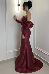 Gorgeous Burgundy Strapless Satin Mermaid Evening Dresses Column Detachable Sleeves With Zipper