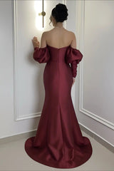Gorgeous Burgundy Strapless Satin Mermaid Evening Dresses Column Detachable Sleeves With Zipper