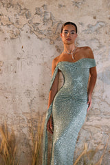 Exquisite Green Sweetheart One Shoulder Sequins Evening Dresses Mermaid Sheath With Ruffle