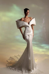 Luxury Off-The-Shoulder V-Neck Satin Mermaid Evening Dresses Column Beads With Pleats