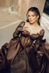 Gorgeous Chocolate Sweetheart Hi-Lo Satin Lace Evening Dresses Long Sleeves With Lace-Up Back