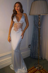 Glamorous Halter V-Neck Sleeveless Satin Mermaid Evening Dresses Lace Sheath Backless On Sale