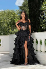 Sparkling Black Off-The-Shoulder A-Line Organza Evening Dresses High Split Beads With Lace-Up Back