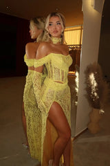 Exquisite Yellow One Shoulder Lace Mermaid Evening Dresses Column High Split With Gloves