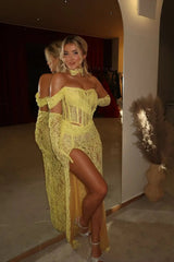 Exquisite Yellow One Shoulder Lace Mermaid Evening Dresses Column High Split With Gloves