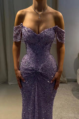 Beautiful Lilac V-Neck Off-The-Shoulder Sequins Evening Dresses Mermaid Column With Beads
