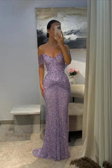 Beautiful Lilac V-Neck Off-The-Shoulder Sequins Evening Dresses Mermaid Column With Beads