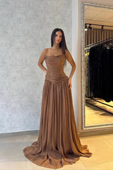 Flowing Coffee Strapless Sleeveless Chiffon Evening Dresses A-Line Long With Pleats