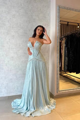 Classy V-Neck Strapless Sleeveless Evening Dresses A-Line Gem With Pleats