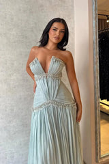 Classy V-Neck Strapless Sleeveless Evening Dresses A-Line Gem With Pleats