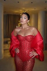 Romantic Red Sweetheart Strapless Sleeveless Evening Dresses Mermaid Sheath With Gem