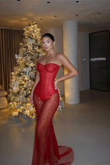 Romantic Red Sweetheart Strapless Sleeveless Evening Dresses Mermaid Sheath With Gem