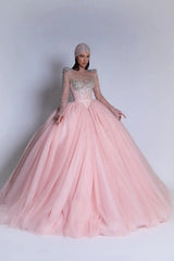 Luxury Pink High Collar Long Sleeves Evening Dresses Ball Gown Gem With Lace-Up Back