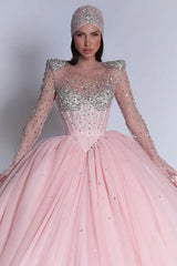 Luxury Pink High Collar Long Sleeves Evening Dresses Ball Gown Gem With Lace-Up Back