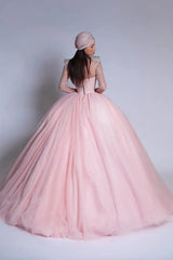 Luxury Pink High Collar Long Sleeves Evening Dresses Ball Gown Gem With Lace-Up Back