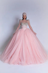 Luxury Pink High Collar Long Sleeves Evening Dresses Ball Gown Gem With Lace-Up Back
