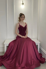 Romantic Burgundy Spaghetti-Straps V-Neck Evening Dresses A-Line Sleeveless With Pleats