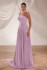 Classy Strapless Sleeveless Chiffon Evening Dresses A-Line Beads With Pleats Zipper