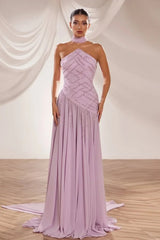 Classy Strapless Sleeveless Chiffon Evening Dresses A-Line Beads With Pleats Zipper