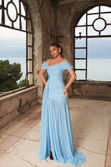 Pretty Sky Blue Off-The-Shoulder Chiffon Evening Dresses A-Line High Split With Ruffle Pleats