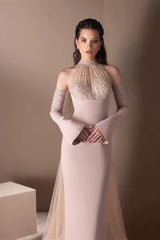 Luxury Halter Mermaid Satin Evening Dresses Detachable Sleeves With Beads Ruffle