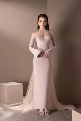 Luxury Halter Mermaid Satin Evening Dresses Detachable Sleeves With Beads Ruffle