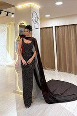 Romantic Straps Sleeveless Sequins Evening Dresses Mermaid Column With Ruffle