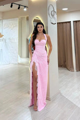Beautiful Pink Sweetheart Halter Sleeveless Lace Evening Dresses Mermaid With Side Split