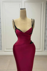 Timeless Dark Red Spaghetti-Straps V-Neck Satin Evening Dresses Sleeveless Mermaid With Beads